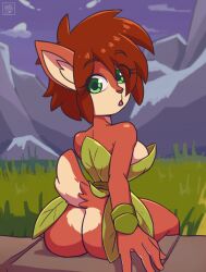 activision anthro ass big_ass big_breasts breasts brown_body brown_fur clothed clothing deathzera deathzerarn2023 detailed_background digital_media_(artwork) elora faun_(spyro) female fur hi_res humanoid leaf_clothing looking_at_viewer looking_back no_underwear sitting solo spyro_reignited_trilogy spyro_the_dragon tagme tail