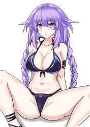 bikini blue_eyes breasts cleavage front_view goddess legs_apart light-skinned_female long_hair looking_at_viewer neptune_(neptunia) neptunia_(series) open_mouth purple_hair purple_heart_(neptunia) simple_background sitting solo twin_braids zatsu