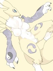 1girls 3_fingers anthro areolae armwear black_sclera blue_eyes breasts digimon digimon_(species) female female_only fur furry furry_only hi_res kame_3 looking_at_viewer mammal nipples renamon solo thick_thighs white_fur yellow_background yellow_fur yin_yang