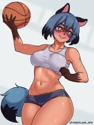 1girls 2023 absurd_res animal_ears anthro basketball blue_hair blush brand_new_animal female female_only green_eyes medium_hair michiru_kagemori minishorts procyonid raccoon sherilane smiling solo sportswear sweat tail tank_top teeth_showing thick_thighs