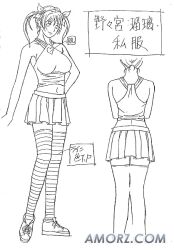 breasts crop_top discipline:record_of_a_crusade discipline_zero exposed_midriff hair_ribbons knee_socks miniskirt nipples_visible_through_clothing nonomura_ruri shoes sketch twintails