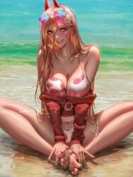 beach big_breasts bikini blonde_hair chainsaw_man cleavage demon_horns feet feet_together feet_touching foot_pussy golden_eyes hoodie horns liang_xing power_(chainsaw_man) seaside sitting_down swimwear wet