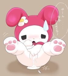 black_eyes blushing cum cum_in_pussy cum_inside female female_masturbation flower furry furry_female highres japanese_text kuroxdani masturbation my_melody onegai_my_melody pink_hood pink_hoodie pussy rabbit sanrio shadow solo spread_legs translation_request white_flower yellow_nose 豆腐_(artist)