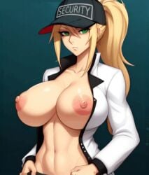 ai_generated baseball_cap big_ass big_breasts big_nipples blonde_hair closed_mouth curvaceous curvy enormous_breasts female five_nights_at_freddy's five_nights_at_freddy's:_security_breach fnaf green_eyes huge_areolae huge_ass huge_breasts large_ass large_breasts looking_at_viewer navel otherll ponytail security_guard solo solo_focus thick_thighs thighs vanessa_(fnaf) white_jacket wide_hips