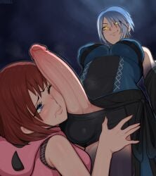 1futa 1girls afrobull anti-aqua aqua_(kingdom_hearts) balls big_breasts big_penis blush breasts clothed clothing disney duo erection female futa_on_female futanari human kairi kingdom_hearts light-skinned_female light-skinned_futanari light_skin low-angle_view mostly_clothed penis penis_on_face penis_out short_hair source_request square_enix standing sweating uncomfortable