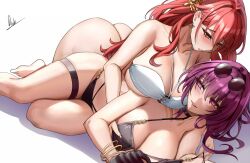 2girls ass breasts eyewear_on_head female himeko_(honkai:_star_rail) hips honkai:_star_rail honkai_(series) huge_breasts kafka_(honkai:_star_rail) large_ass light-skinned_female light_skin long_hair piukute062 purple_eyes purple_hair red_hair simple_background slim_waist sunglasses_on_head swimsuit thick_thighs thighs wide_hips yellow_eyes yuri