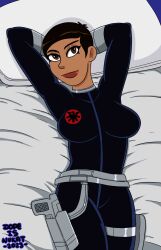 1girls 2023 bed bodysuit dark-skinned_female dark_skin dopeisnukat female female_only human human_only laying_on_bed maria_hill maria_hill_(earth's_mightiest_heroes) marvel s.h.i.e.l.d. the_avengers:_earth's_mightiest_heroes thigh_holster