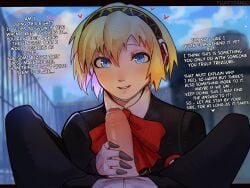 1boy 1girls aegis_(persona) aigis_(persona) atlus bell_haircut blonde_female blonde_hair blue_eyes blue_sky breasts clothed_female clothed_female_clothed_male clothed_male clothing dialogue dick english_text exposed_penis female female_focus floating_heart fluffydango heart hearts hi_res huge_cock human looking_at_viewer male male_pov pale_skin penis persona persona_3 pov robot robot_girl school short_hair slight_blush smile uncut uniform wholesome