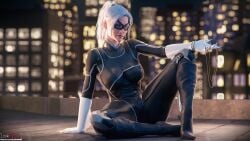 1girls 3d black_cat black_cat_(insomniac) black_cat_(marvel) blue_eyes comic felicia_hardy female female_only fully_clothed insomniac_games itslaiknsfw laiknsfw latex legs_apart legs_spread marvel marvel_comics mask solo spider-man_(ps4) spider-man_(series) white_hair