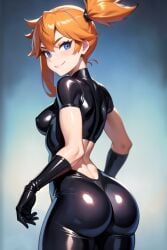 1girls ai_generated ass black_bodysuit blue_eyes bodysuit breasts bubble cameltoe cowboy_shot eyebrows female female_only horny kasumi_(pokemon) latex looking_at_viewer looking_back orange_hair perfect_body petite pokemon ponytail round seductive_look seductive_smile shiny_clothes smiling_at_viewer solo undercut