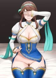 bed_sheet blush brown_hair chai_xianghua commission commissioner_upload covering_eyes dress headband hi_res highres noorung pubic_hair sitting skirt skirt_lift smile solo soul_calibur soul_calibur_vi steam stockings tagme