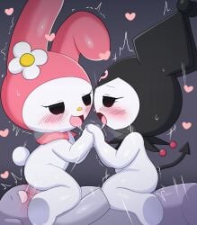 0227 1boy 2023 2girls 7:8 absurd_res anthro baku_(sanrio) blush bodily_fluids cunnilingus demon eyelashes female flower_accessory genital_fluids grey_background group group_sex hand_holding heart hi_res hood hybrid kuromi lagomorph leporid male male/female mammal my_melody onegai_my_melody oral purple_body pussy_juice rabbit reverse_spitroast saliva saliva_string sanrio sex shaking simple_background spade_tail sweat tail tapir threesome trembling trio vaginal_penetration white_body