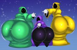 2023 3boys ass big_ass big_butt butt chubby chubby_male cloak clothed clothing eyes_only fat_ass fat_butt femboy green_cloak group hi_res hood hooded humanoid hyper hyper_ass hyper_butt large_ass large_butt looking_at_viewer looking_back looking_back_at_viewer male male_only megacoolbear_(artist) meme necklace purple_background purple_cloak ring shadow_wizard_money_gang thick_ass thick_thighs trio venus_body wide_hips yellow_cloak