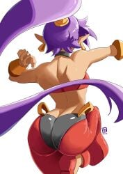 1girls ass ass_focus automatic_giraffe bracelet bracelets bubble_butt clothed collar color earrings facing_away_from_viewer female female_only genie one_leg_up pointy_ears ponytail purple_hair shantae shantae_(character) tanned viewed_from_behind white_background