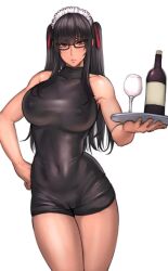 1girls 2019 absurd_res alcohol bare_arms bare_shoulders black_dress black_hair bottle breasts brown_eyes cameltoe clothing covered_navel cup dress female female_only glass glasses hair_between_eyes hand_on_hip highres holding_tray large_breasts long_hair long_twintails looking_at_viewer maid maid_headdress maid_libe_(pepe_(jonasan)) nipple_bulge original pencil_dress pepe_(jonasan) short_dress simple_background skin_tight sleeveless sleeveless_dress solo standing tied_hair tight_clothing tray twintails white_background wine_bottle wine_glass