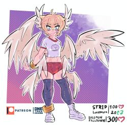 blonde_hair blue_eyes bulge bulge_through_clothing digimon digimon_(species) femboy looking_at_viewer lucemon male male_only multi_wing onetrickdragon red_shorts short_male smile smiling smiling_at_viewer solo sports_uniform stockings twink white_shirt wings