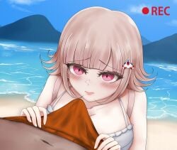 1boy backpack bag beach blush breasts brown_hair bulge closed_mouth collarbone danganronpa danganronpa_2:_goodbye_despair day female flipped_hair galaga gon_(congchuabuoito) hair_ornament highres large_breasts looking_at_viewer male_swimwear medium_hair nanami_chiaki navel orange_male_swimwear outdoors pink_eyes recording straight_hair upper_body water