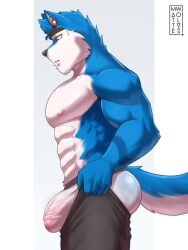 1boy 2023 abs anthro artist_logo artist_name ass bara blue_body blue_fur body_fur bulge canine fluffy_tail gay jockstrap male male_nipples male_only mammal masculine matte_exe matte_wolv mature_male meme muscles muscular_male no_visible_genitalia pecs penis_outline pent_up solo tight_pants_(meme) topless_male white_countershading wolf