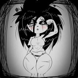 black_hair blush breasts busty emo emo_girl giygal i_can't_sleep monochrome nia_(i_can't_sleep) scars sketch sleepy tagme woken_up