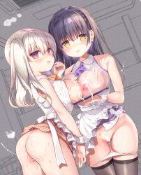 2girls amanagi_seiji apron ass black_hair black_thighhighs blush breast_press breasts breasts_out censored commentary_request cum cum_on_body cum_on_breasts cum_string grey_hair hair_ornament highres large_breasts long_hair looking_at_viewer multiple_girls nipples open_mouth orange_skirt original panties panty_pull plaid plaid_skirt purple_skirt red_eyes see-through see-through_shirt shirt side_ponytail skirt sleeveless sleeveless_shirt smile symmetrical_docking thighhighs underwear white_apron white_panties white_shirt wrist_cuffs yellow_eyes