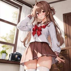 ai_generated bowtie brown_hair brown_skirt camera messy_hair oc pantyshot pantyshot_(standing) red_bow red_eyes school_uniform skirt unstable_diffusion white_socks white_stockings