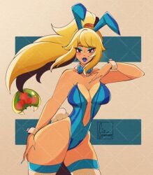 bunnysuit cleavage female fiepinup high_heels large_ass large_breasts leotard lips metroid metroid_(creature) navel pinupfie samus_aran thick_lips thick_thighs wide_hips