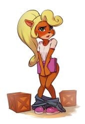 2018 blonde_hair bottomless clothing coco_bandicoot computer covering_crotch crash_(series) cropped electronics embarrassed female footwear furry laptop pants_down tarakanovich