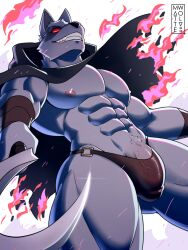 1boy 2023 3:4 abs anthro artist_logo artist_name axe bara body_fur bulge canine clothing death_(puss_in_boots) dick_root dreamworks genital_outline genitals grey_fur grin hi_res looking_at_viewer looking_down low-angle_view male male_nipples male_only male_pubic_hair male_thong mammal masculine matte_exe matte_wolv mature_male muscles muscular_male open_cloak pecs penis penis_outline puss_in_boots_(dreamworks) puss_in_boots_the_last_wish red_eyes semi-erect sickle smile smiling_at_viewer solo tail underwear vein veiny_penis wolf