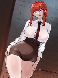 1girls 2023 absurd_res big_breasts chainsaw_man clothing female female_only long_hair looking_at_viewer makima_(chainsaw_man) necktie red_hair sherilane shirt skirt smiling smiling_at_viewer solo teeth_showing thick_thighs yellow_eyes