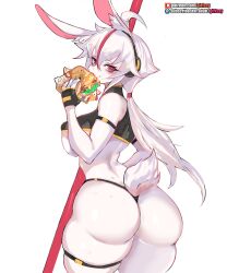 5:6 accessory anthro artist_name ass big_ass big_breasts big_butt bodily_fluids breasts clothing cute cute_face eating female fur garter girlsay hi_res highlights_(coloring) lagomorph leporid looking_at_viewer looking_back looking_back_at_viewer mammal pantsless pantsless_anthro pantsless_female pink_eyes pink_highlights ponytail_(hair) rabbit ruby_(girlsay) simple_background solo sweat sweatdrop sweaty_legs sweaty_thighs text thong underwear url white_background white_body white_fur