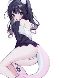 black_eyes black_hair femboy graduated_vtuber indie_virtual_youtuber light-skinned_femboy light_skin moenaomii moenaomii_(virtual_youtuber) shark shark_tail simple_background smooth_skin solo solo_femboy solo_focus twintails virtual_youtuber vtuber white_panties