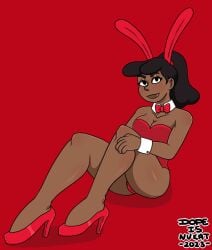 2023 beckett_mariner bunny_girl bunnysuit cleavage collarbone dark_skin dopeisnukat female human looking_at_viewer ponytail red_background red_hairband solo star_trek star_trek_lower_decks