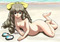 1girls bow drill_hair goggles maria_balthasar miyagoe_yoshitsuki mizugi nipples oppai pregnant side-tie_bikini silver_hair uncensored undressing xenogear xenogears