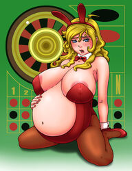 1girls areola_slip artist_request belly bowtie breasts bunny_costume bunny_girl bunny_suit bunnygirl bunnysuit casino detached_collar fat holding_belly huge_breasts inflation milf pantyhose plump pregnant ready_to_pop roulette source_request wrist_cuffs