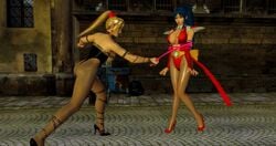 ass battle_arena_toshinden big_breasts blonde_hair blue_hair clothing nipple_slip nipples pantyhose ribbon ribbon-trimmed_bra ribbon-trimmed_legwear ribbon-trimmed_sleeves shaia_hishizaki sofia_(battle_arena_toshinden) thong tied_up v-string voltage_fighter_gowcaizer whip