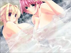 2girls bath blonde_hair blush breasts game_cg huge_breasts natsume_harumi nude pink_hair pregnant shibuya_misato smile sumeragi_kohaku tsuma_koi. water wet