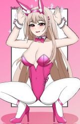 1girls blonde_hair breasts bunny_ears bunny_girl bunnysuit daikiri_di_mon goddess_of_victory:_nikke hands_up horns long_hair looking_at_viewer pink_eyes smiling squatting very_long_hair viper_(nikke) viper_(toxic_rabbit)_(nikke)