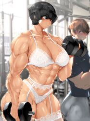 1boy 1girls abs amazon bra female gym jin-jin lingerie muscular muscular_female muscular_male short_hair tagme thick_thighs weightlifting