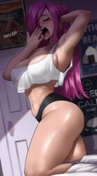1female 1girls 5_fingers absurdres alternate_hairstyle bed bedroom black_panties breasts clothing creatures_(company) crop_top echosaber fat_breasts female female_focus fingernails flat_belly game_freak hair hair_down human indoors jessie_(pokemon) jiggle jiggling_ass jiggling_breasts large_breasts light-skinned_female long_hair magenta_hair magikarp_poster nails nintendo no_bra pale_skin png pokemon pokemon_(anime) pokemon_rgby poster_(object) purple_fingernails purple_hair purple_nails red_hair sleepwear slutty_outfit solo stray_hair stretching_arms tank_top team_rocket thick_thighs topwear voluptuous voluptuous_female waking_up wallpaper_(object) white_topwear wide_hips yawning