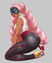 1girls arms_(game) ass big_ass clothed dark-skinned_female drawbutts high_heels kneeling lipstick pink_hair red_lipstick twintelle