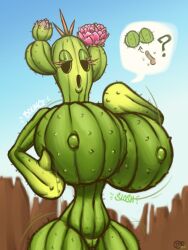 busty cactuar cactus cactus_flower cactus_girl half-closed_eyes hourglass_figure huge_breasts plant_girl plant_humanoid raiounsfw sloshing_breasts thin_waist wide_hips