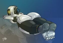 1girls ass big_ass chubby_thighs feet feet_focus from_behind glados highres large_ass laying_down portal_(series) portal_2 reflection robot shiny_feet shiny_skin sighte2see tagme