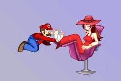 1boy 1girls 5_toes animated barefoot breasts brown_hair chair clothed clothing dress earings feet female foot_fetish full_body hat jayakun laughing long_hair looking_at_another male mario mario_(series) nail_polish pauline pixel_animation pixel_art red_dress simple_background sitting sitting_down super_mario_odyssey tickle_fetish tickle_torture tickling tickling_feet toes uncanny_valley