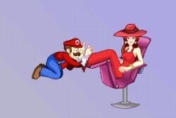 1boy 1girls animated animated_gif barefoot brown_hair chair earings female foot_fetish hat jayakun long_hair male mario mario_(series) nail_polish pauline pixel_animation pixel_art red_dress sitting_down super_mario_odyssey tickle tickle_fetish tickle_torture tickling tickling_feet uncanny_valley