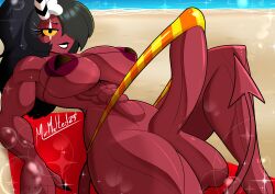 1futa abs balls beach biceps big_penis black_hair breasts clothed clothing demon demon_girl dickgirl erection futa_only futanari hairclip helluva_boss horns huge_balls huge_cock humanoid humanoid_penis imp looking_at_viewer mostly_nude mrmelted muscular muscular_futanari on_back penis red_skin sallie_may_(helluva_boss) shemale smile smooth_balls solo tail thick_thighs wide_hips