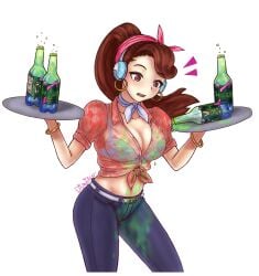 1girls 2d 2d_(artwork) alternate_costume artist_signature big_breasts blouse bra bracelet breasts brown_eyes brown_hair cleavage cruiser_d.va d.va drawn drink earrings eyelashes eyeliner female female_only hi_res hoop_earrings jeans lingerie long_hair makeup midriff official_alternate_costume overwatch ponytail see-through see-through_clothing shirt spill spilled_drink surprised tied_shirt wet wet_clothes
