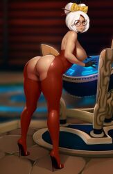 1girls ass bending_over breasts female geshtar high_heels large_ass large_breasts leaning_forward long_legs nintendo purah purah_(tears_of_the_kingdom) pussy red_eyes solo tears_of_the_kingdom the_legend_of_zelda thick_thighs uncensored white_hair