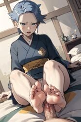 ai_generated aigeneratedp barefoot bedroom_eyes blush_lines cyllene dripping dripping_precum feet foot_fetish foot_focus footjob looking_at_partner looking_at_penis looking_at_viewer open_mouth pokemon pokemon_legends:_arceus pokemon_legends_arceus pov_eye_contact shimaboshi_(pokemon)