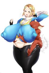 1boy 1girls absurdres bad_anatomy black_gloves black_leggings blonde_hair blue_shirt bokoblin breasts cameltoe cleft_of_venus climbing clinging covered_erect_nipples cowboy_shot female fingerless_gloves gigantic_breasts gloves green_eyes groping half-closed_eyes highres impossible_clothes leggings long_sleeves mhaknow monster nintendo open_mouth pointy_ears princess_zelda shirt short_hair simple_background size_difference smile standing stomach tears_of_the_kingdom the_legend_of_zelda thick_thighs thighs white_background wide_hips zelda_(tears_of_the_kingdom)