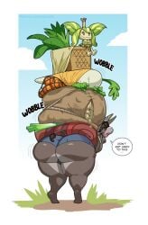 1boy 1girls anthro anthro_male ass big_butt bulge donkey femboy flora_fauna furry furry_male gandg girly living_flower mammal mula mula_(gandg) shorts thumbelina_(gandg)